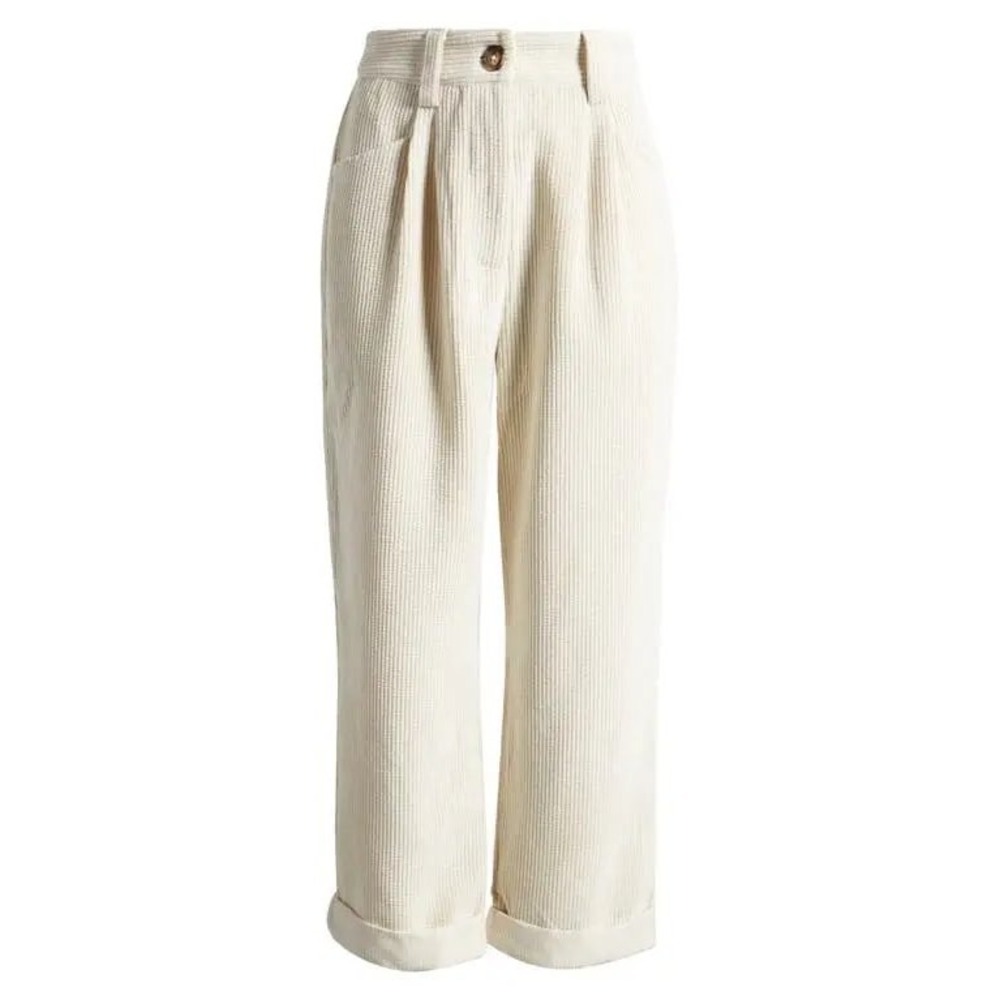 Petal + Pup Cream Corduroy High Waisted Pleated Straight Leg Pants Size 2 US - Picture 2 of 9